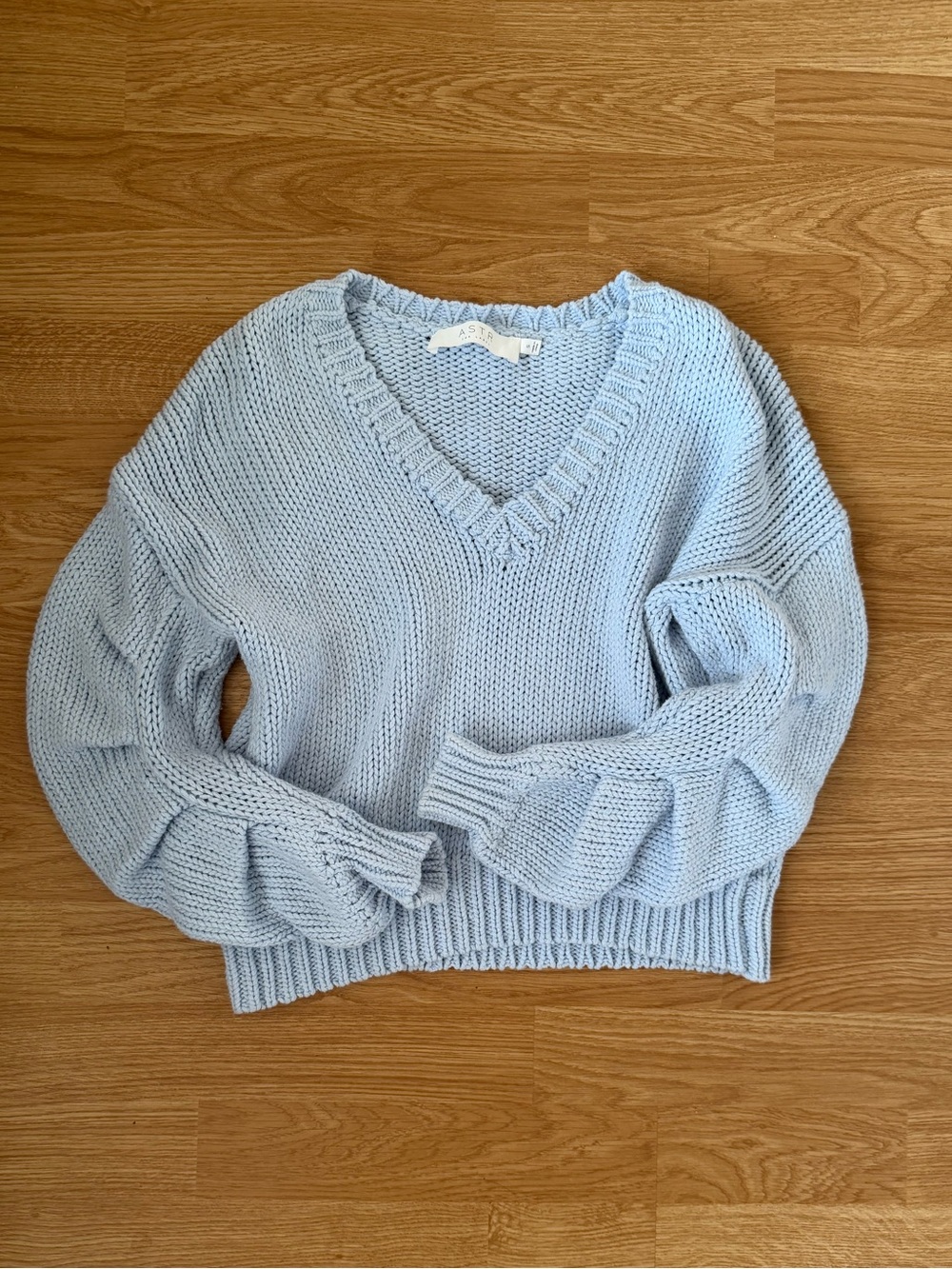 ASTR The Label Baby Blue Chunky Knit Balloon Sleeve Sweater Small 100% Cotton